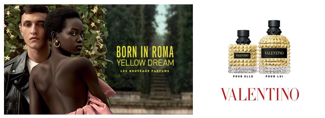 Bannière Espace Marque 2 Parfum Born in ROma Yellow Dream pour lui et elle VALENTINO sur Parfumerie Burdin